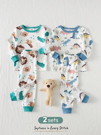 Cozy Pixies 4pcs Baby Boy Cartoon Animal Print Soft Knit Crew Neck Short Sleeve Top And Elastic Waist Pants Snug Fit Pajama Set