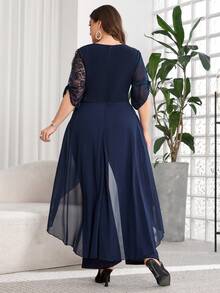 SHEIN Clasi Mono de talla grande con decoración de strass, parches de encaje y volantes - Azul Marino - Ver 3
