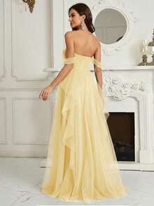 SHEIN Belle Đầm phù dâu trễ vai, xếp ly ngực, nhiều lớp, vạt váy xếp nếp bất đối xứng (dành cho người lớn) - Màu vàng - Xem 2