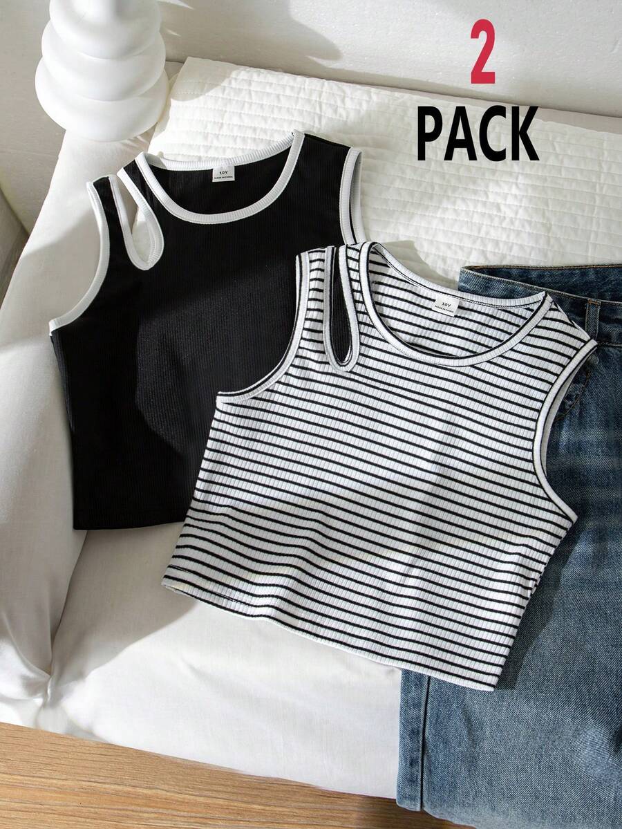 2件套女童休闲镂空修身露脐背心,黑白条纹组合 - 彩色 - 查看 1