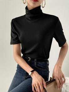 DAZY High Neck Solid Tee Summer,Business Casual Women Preppy Tops - Black - View 6