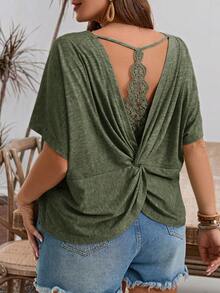 SHEIN Frenchy Áo thun tay cánh dơi phối ren, khoét rỗng, cỡ lớn, kiểu dáng thường ngày. - xanh quân đội - Xem 2