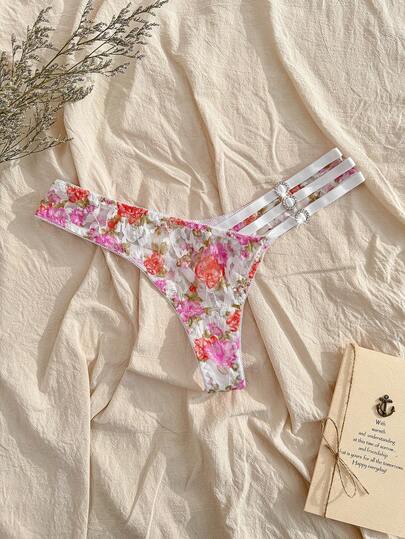 CottageSlumber Women's Sexy Rhinestone Buckle Lace Patchwork Thong Panties