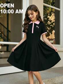 SHEIN Tween Girls Polo Collar Short Sleeve Split A-Line Dress, Fashionable & Comfortable, Spring/Summer, Bodycon, Ruched, Midi, Floral, Glow - Black - View 3