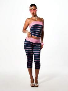 BABYPHAT Fold Over Edge Strapless Bandeau Tube Top With Horizontal Stripe Jersey Print And Logo Detail - Multicolor - View 6