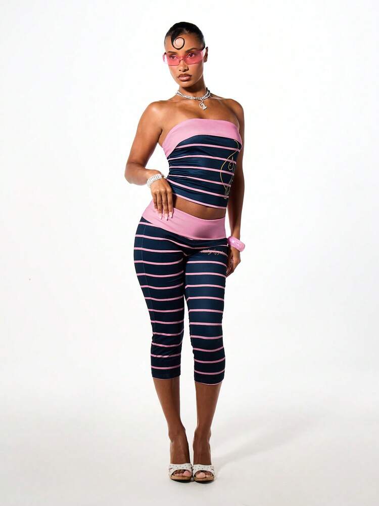 BABYPHAT Fold Over Edge Strapless Bandeau Tube Top With Horizontal Stripe Jersey Print And Logo Detail