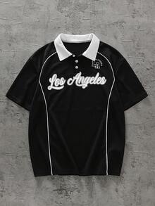 Áo Polo nam tuổi teen, in chữ, tay ngắn, kiểu dáng thường ngày, có cổ, in chữ "Los Angeles", thích hợp mặc thường ngày, mùa tựu trường, phong cách sinh viên. - màu đen - Xem 1