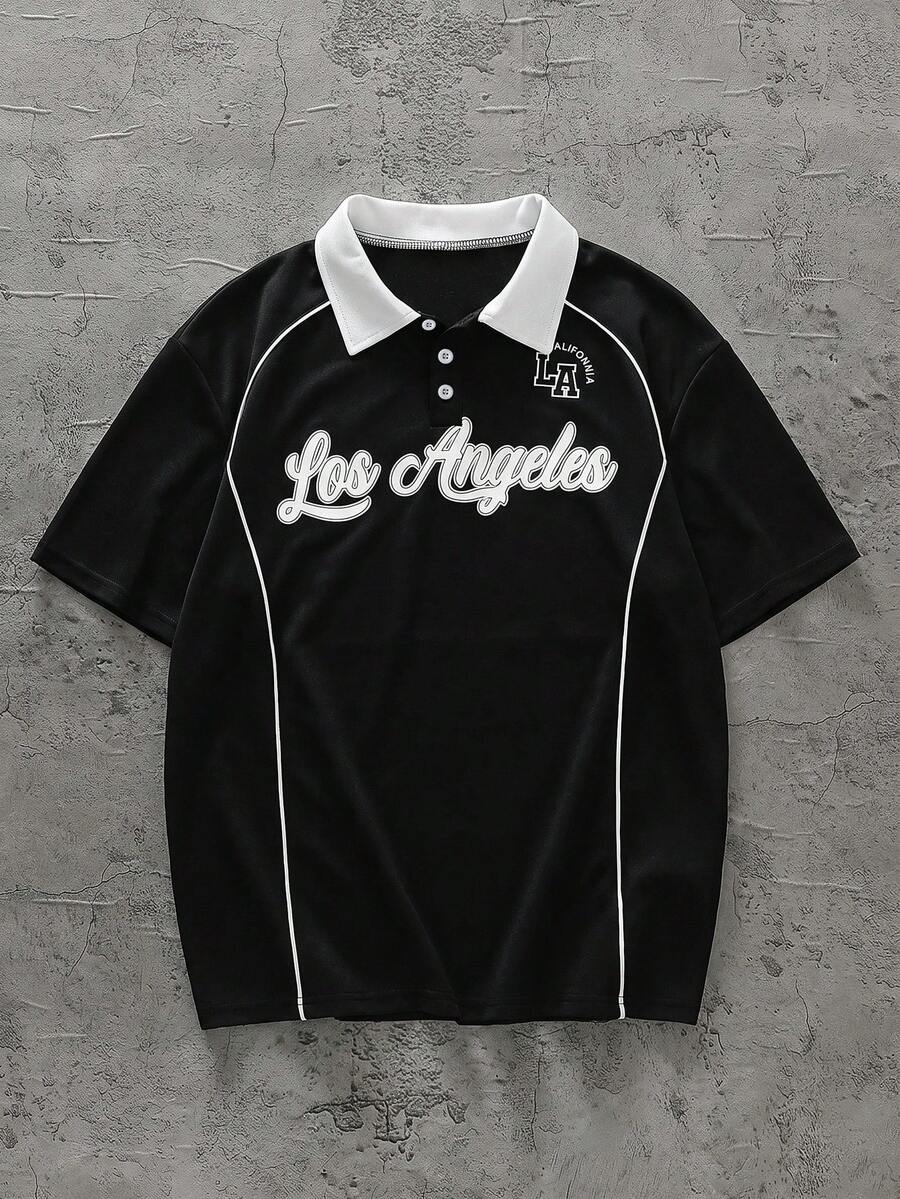 Áo Polo nam tuổi teen, in chữ, tay ngắn, kiểu dáng thường ngày, có cổ, in chữ "Los Angeles", thích hợp mặc thường ngày, mùa tựu trường, phong cách sinh viên. - màu đen - Xem 1