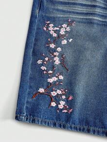 ROMWE MEN Women's Floral & Dragon Pattern Pocket Casual Denim Shorts - Blue - View 5