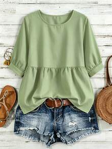 EMERY ROSE Solid High Low Peplum Blouse Peplum Top - Green - View 1