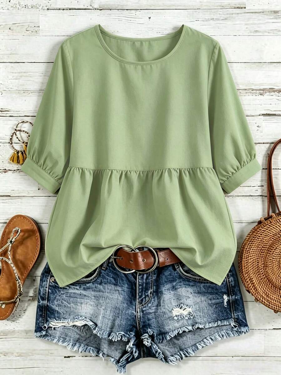 EMERY ROSE Solid High Low Peplum Blouse Peplum Top - Green - View 1