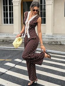 Serisse Women's Summer Elegant Lace Patchwork Polka Dot Print Tank Top & Long Pants 2 Pieces Set - Multicolor - View 5