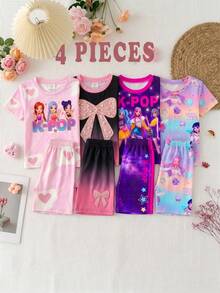 SHEIN 2件套 女童针织可爱图案圆领修身T恤和短裤睡衣套装 - 彩色 - 查看 3