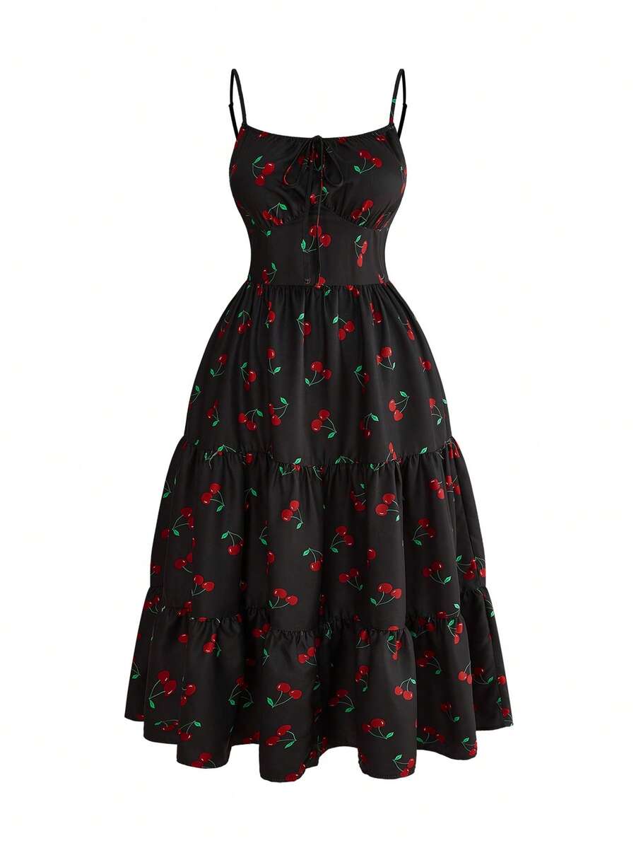 ROMWE Gaun Cami Wanita Ukuran Plus Motif Cherry dengan Detail Kerut di Bagian Dada dan Hem - Hitam - View 1