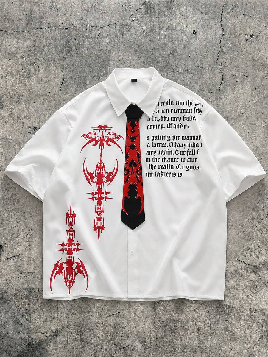 PAVTROS Manfinity Streetrush Men's Gothic Print Short Sleeve Shirt,White And Red,Summer,Streetwear,City Break Avant-Garde Modern Fashion Gift For Him