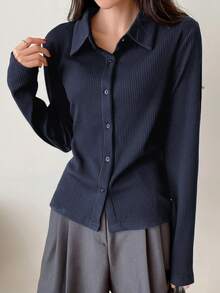 DAZY Ribbed Knit Button Front Tee,Fall Clothes Long Sleeve Women Tops - Navy Blue - View 4