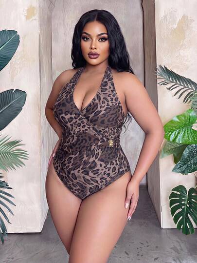 Slaydiva Áo tắm liền thân hở lưng, cổ yếm, họa tiết da báo gợi cảm dành cho nữ cỡ lớn, phong cách đi biển và nghỉ dưỡng.