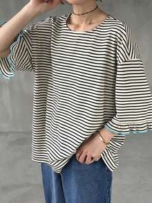 FRIFUL Kaos Wanita Bergaris Longgar Kasual Serbaguna, Musim Semi/Panas - Hitam dan Putih - View 5