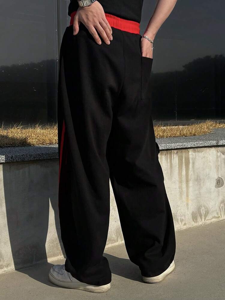 Long Black & Red Contrast Color Stripe Curved Blade Design Men's Pants