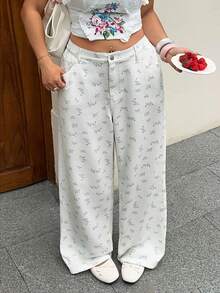 Rivivi 大码女式碎花口袋阔腿宽松牛仔裤 - 白色 - 查看 8