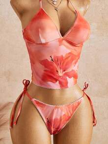 Swim Glamine 两件套甜美花卉印花黄色格子比基尼套装，休闲春夏海滩派对度假 - 彩色 - 查看 5