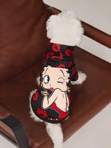Betty Boop x SHEIN 1件卡通圖案印花寵物連帽衛衣，貓咪衣服，狗狗衣服，尺寸XXS-XXXXL，特小號，特大號，俏皮，可愛，性感，唇印 - 黑色 - 查看 2