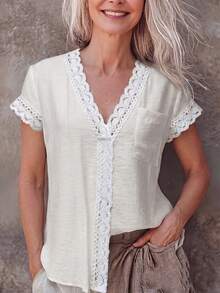 Balvessa Women's Linen Blend Casual Shirt With Floral Lace Patchwork - Apricot - View 5