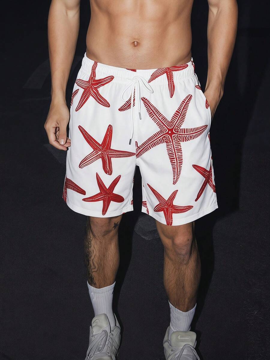 STEELVANCE Men's Casual Beach Shorts With Starfish Print Men Swim Trunks Men Swim Trunks Men Swim Trunks Beach,Hawaiian - Red - View 1