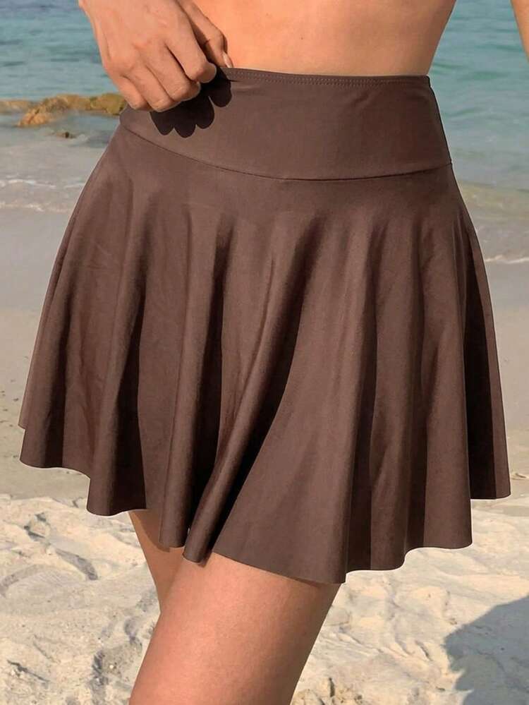 Women's Solid Color High Waist Pleated Bikini Bottom Skirt