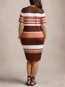 Zelara Plus Size Women Striped Round Neck Short Sleeve Casual Dress - Multicolor - View 2