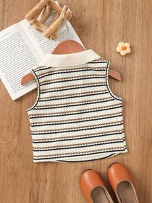 SHEIN Young Girl Striped Collared 3D Floral Casual Vest - Khaki - View 3