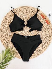 Swim Basics Summer Beach Round Ring Detail Spaghetti Straps Bikini Bathing Suit Set - Black - View 4