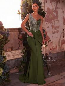 Glamrae Gaun Duyung Mewah Elegan dengan Hiasan Manik-Manik dan Payet Motif Bunga, Berkerut Elastis, Cocok untuk Pernikahan, Pesta, Gala, dan Gaun Formal yang Sangat Mewah. - Hijau Tentara - View 5