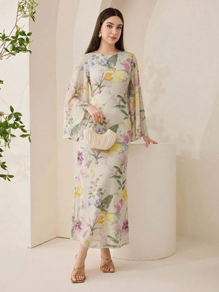 Veilorie Đầm đi nghỉ mát cổ tròn in hoa thời trang, đa năng dành cho nữ. - Màu be - Xem 1