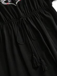 ROMWE Summer Dress Gothic Hippie Vacation Style Black Snake & Rose Embroidery Plus Size Dress - Black - View 5