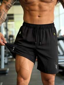 GymBeat 1pc Men's Graphic Elastic Sports Shorts For Outdoor Workout, Gym - Black - View 1