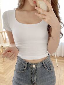 DAZY Solid Scoop Neck Crop Tee Summer - White - View 6