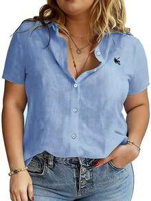 EMERY ROSE Large-Sized Woven Embroidered Casual Summer Shirt For Vacation - Blue - View 5