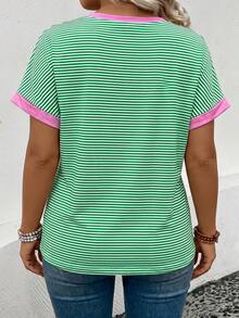 Women's Casual Heart & Stripe Print Plus Size T-Shirt, Versatile For Spring/Summer - Multicolor - View 2