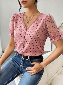 RosyDaze Women's Fashionable French Polka Dot Chiffon Blouse, Intellectual Elegant Short Sleeve Ruffle Design Shirt For Summer - Pink - View 5