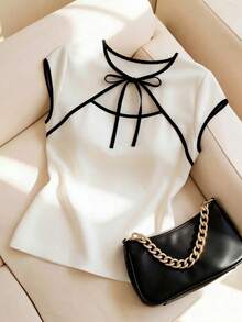 EMERY ROSE New Chinese Style Contrast Color Trim Lace-Up Short Sleeve Top For Women, Jacquard Sheer Fitted Cropped Sexy Top - White - View 1