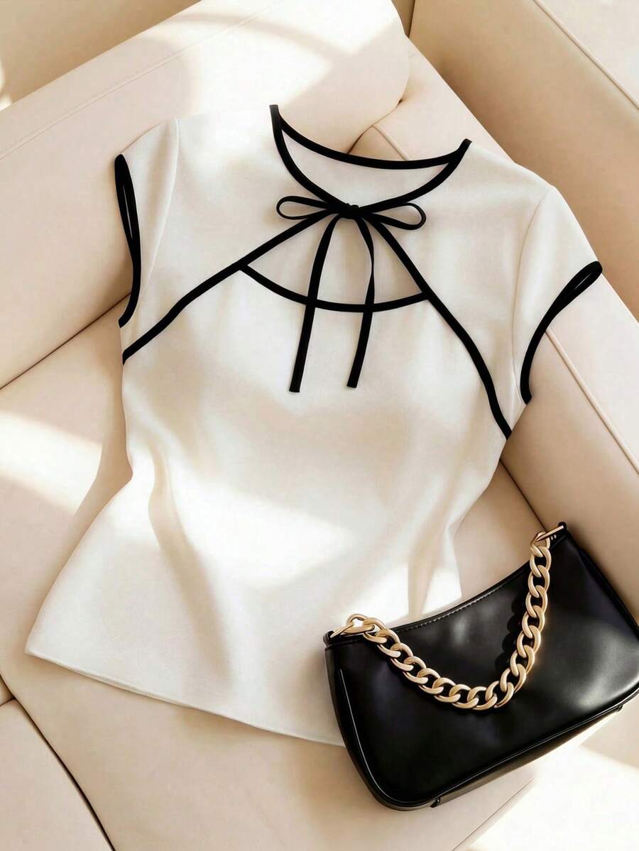 EMERY ROSE New Chinese Style Contrast Color Trim Lace-Up Short Sleeve Top For Women, Jacquard Sheer Fitted Cropped Sexy Top - White - View 1