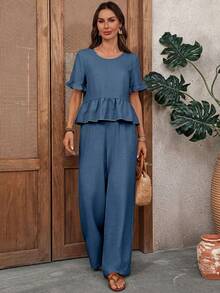 EMERY ROSE Women's Solid Color Round Neck Pleated Short Sleeve Top And Long Pants Casual 2-Piece Set Holiday Vacation Dusty Blue Summer, Vacation - Blue - View 5
