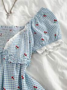 Elamini Áo kiểu nữ mùa hè kẻ caro in hình quả anh đào, cổ chữ V sâu, tay bồng, dáng chữ A, tay cánh hoa, phong cách thường ngày. - Nhiều màu - Xem 4