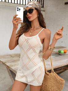 Swim Vcay Damen Aprikot gestricktes Diamantmuster Kurzes Slip Kleid, eleganter Urlaubsstil - Aprikosenfarben - Übersicht 3