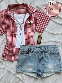 EMERY ROSE Camisa casual de mujer de manga corta con un solo pecho y bolsillo a cuadros - Rojo - Ver 2