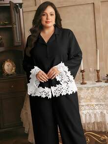 Côtesoire Conjunto de pijama de cárdigan con volantes de talla grande, elegante estilo del sur de Francia - Negro - Ver 5