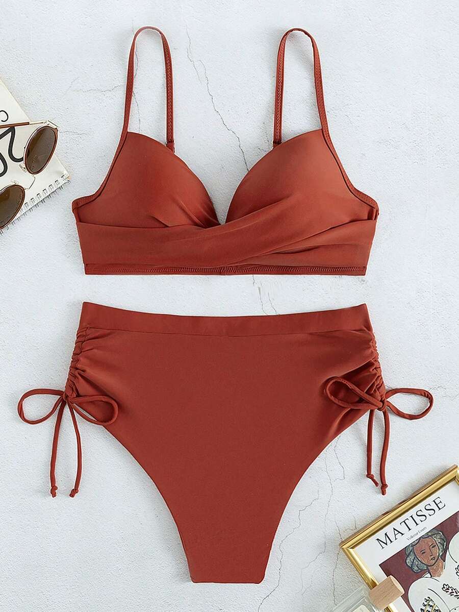 SHEIN Swim Conjunto de bikini fruncido Sujetador push-up y traje de baño de 2 piezas con bottom de cintura alta - Rosa Oxidada - Ver 1