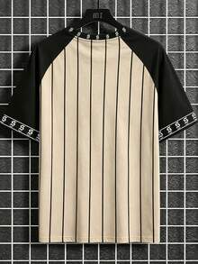 Manfinity Homme Men's Summer Khaki Black Color Block Pinstripe Crown Letter Print Raglan Sleeve Slim Fit T-Shirt Streetwear Vintage Y2K Casual Crew Neck Short Sleeve Tee Holiday Vacation Party Going Out Club Concert Festival Old Money Beach Gym Fitness Training Workout Western Sports Top,Men's Letter Stripe Print Raglan Short Sleeve Casual Streetwear T-Shirt City Break Black Summer - Multicolor - View 4