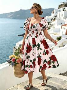 EMERY ROSE Plus Size Women's Square Neck Petal Sleeve Brown Red Rose Vacation Retro Peplum Decorated Button Front Dress - Multicolor - View 8